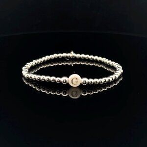 925 Sterling Silver Beaded Stretch Stacking Bracelet MOP Letter Initial G